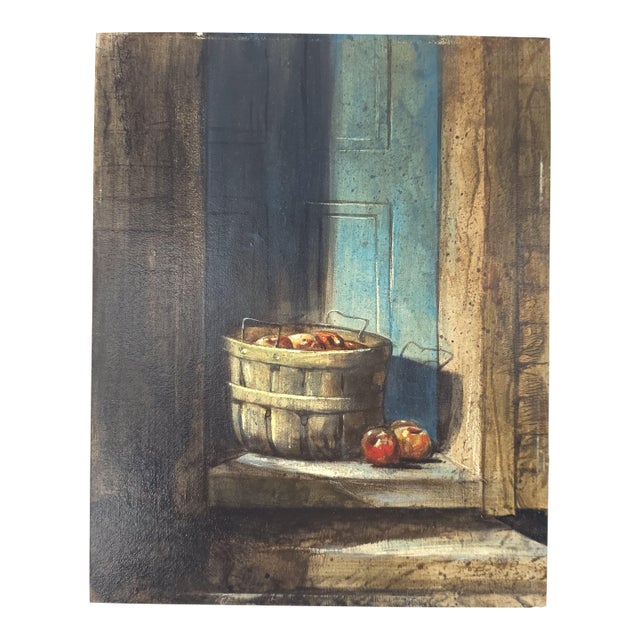 Fine Antique Vintage Oil Painting on Artist Board Basket of Apples on Doorstep For Sale