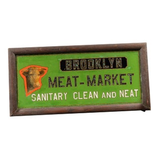 Early 20th Century Reverse-Painted Brooklyn Meat-Market Scalloped Glass Sign For Sale