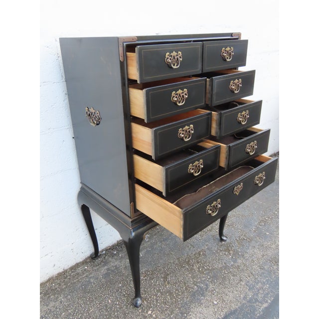 Drexel Drexel Painted Black Silver Jewelry Chest Lingerie Cabinet Queen Anne Legs 6330 For Sale - Image 4 of 17
