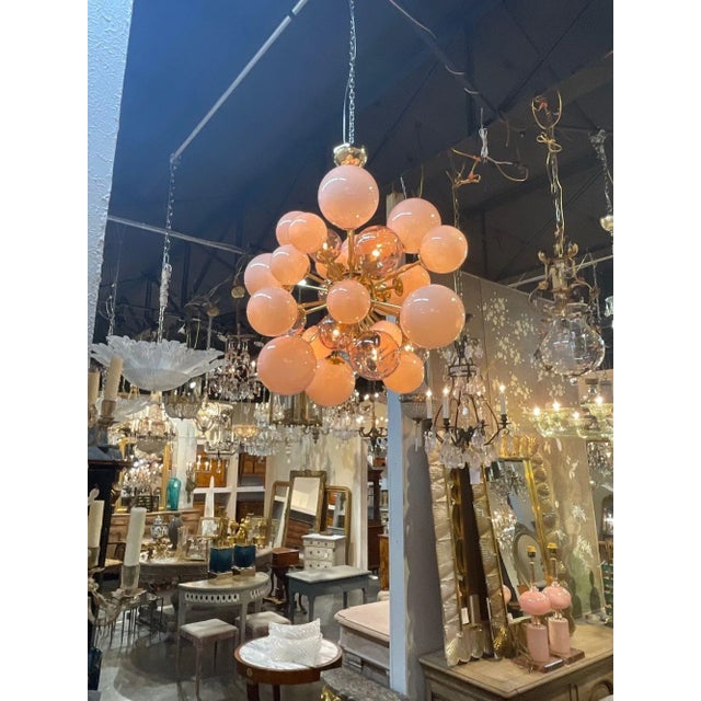 Modern Pink Cloud Murano Style Glass and Brass Chandelier For Sale - Image 3 of 10