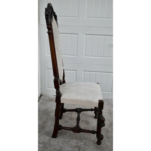 Walnut Accent Chair Carved High Back Jacobean Style William & Mary Stretcher 80s For Sale In Philadelphia - Image 6 of 12