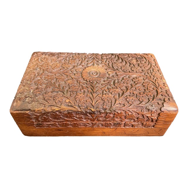 Antique Anglo-Indian Kashmir Walnut Wood Carving Floral Trinket - Jewelry Box For Sale