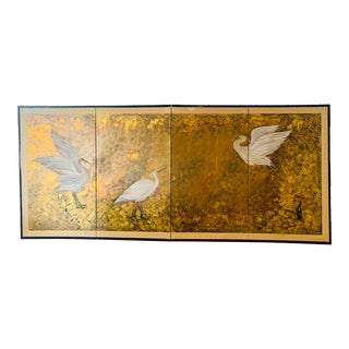 Vintage Japanese Byobu Gold Leaf 4 Panel Screen With Egrets For Sale