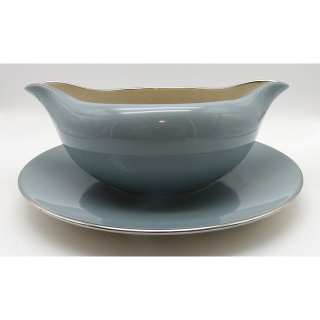 Vintage Flintridge China California Blue W Platinum Borders Gravy Boat Flowers For Sale - Image 4 of 8