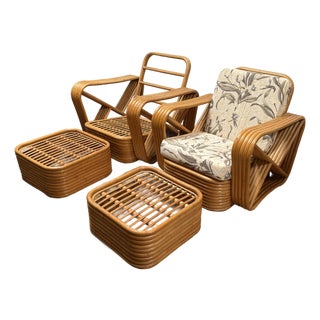 Paul Frankl 1950's Style Bent Rattan Chairs + Ottomans, Pair For Sale