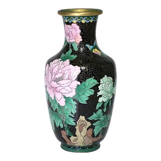 Vintage Chinese Black Cloisonné Vase With Butterflies, Pink and Jade Green Peony Flowers For Sale