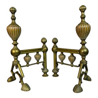 Antique English Cast Brass Andirons With Scrolled Legs For Sale