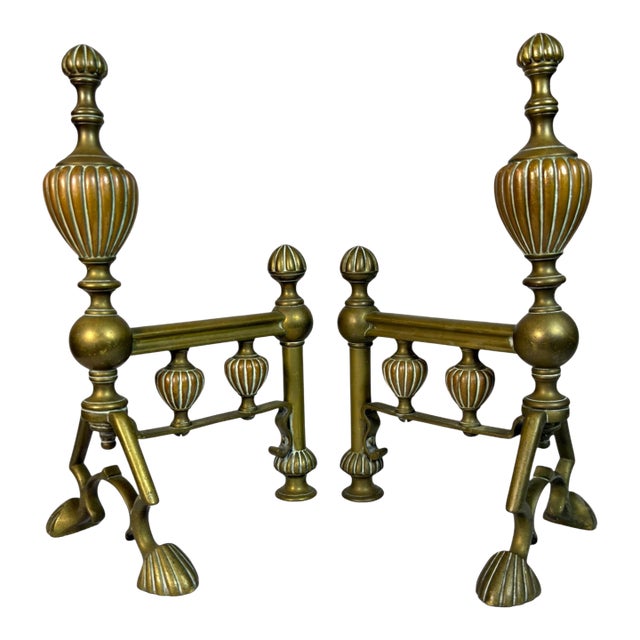 Antique English Cast Brass Andirons With Scrolled Legs For Sale