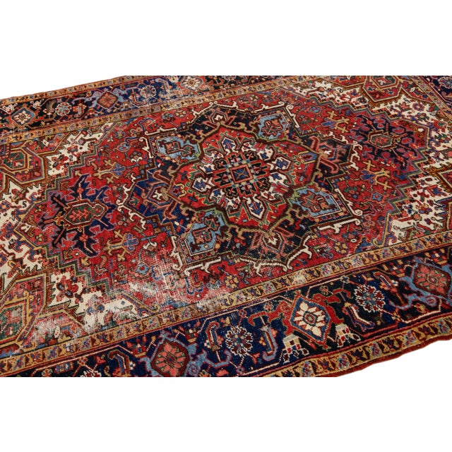 Red Antique Persian Heriz Red Handmade Medallion Motif Wool Rug For Sale - Image 8 of 11