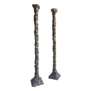 Giacometti Style 19” Cast Bronze Candlesticks, a Pair For Sale