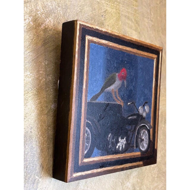 Contemporary Night Rider by Shawn Sullivan | Oil on panel Bird perched on a motorcycle in a framed setting. For Sale - Image 3 of 3