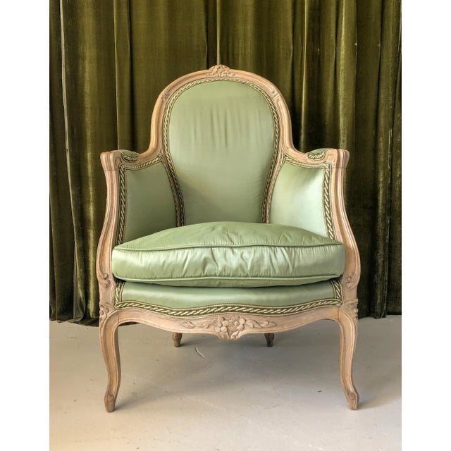 French Louis XV Period Bergere in Green Taffeta For Sale - Image 3 of 5
