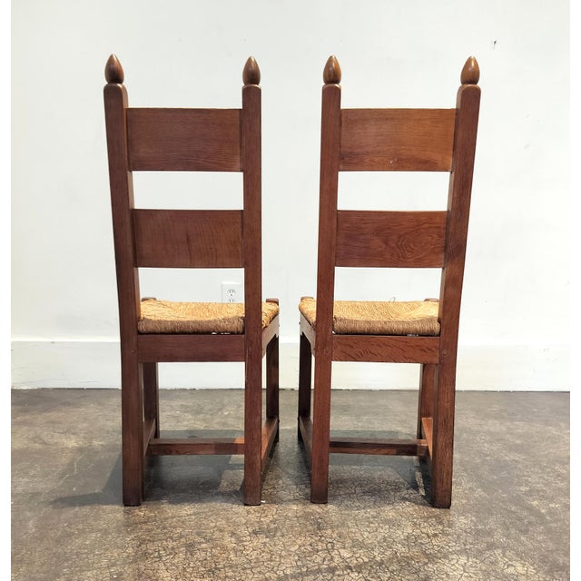 Wood High Back Belgian Oak and Rush Dining Chairs Circa 1960 For Sale - Image 7 of 10