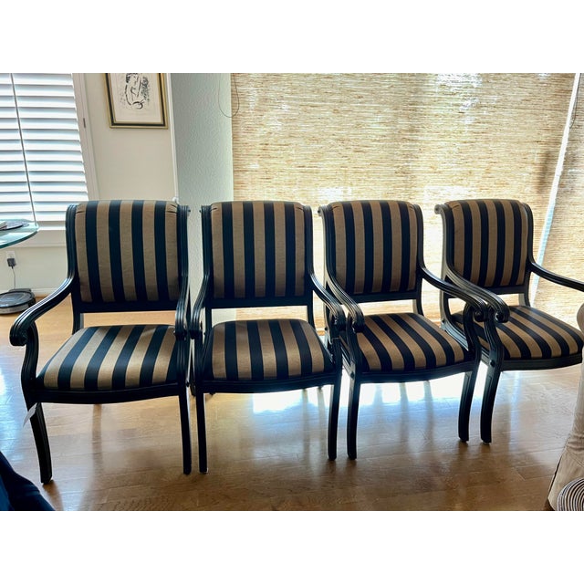Contemporary Set of 4 Kreiss Dining Room Chairs With Jim Thompson Black & Gold Striped Silk Fabric For Sale - Image 3 of 7