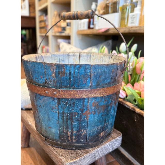 Antique 1800s Shaker Wooden Bucket Blue Paint For Sale - Image 4 of 11