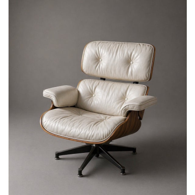 Animal Skin Set of Lounge Chair and Ottoman in White Leather by Charles and Ray Eames, 1956 For Sale - Image 7 of 9