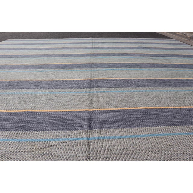 Large Square Scandinavian Flat Weave Rug in Gray, Blue, and Soft Yellow For Sale - Image 9 of 12