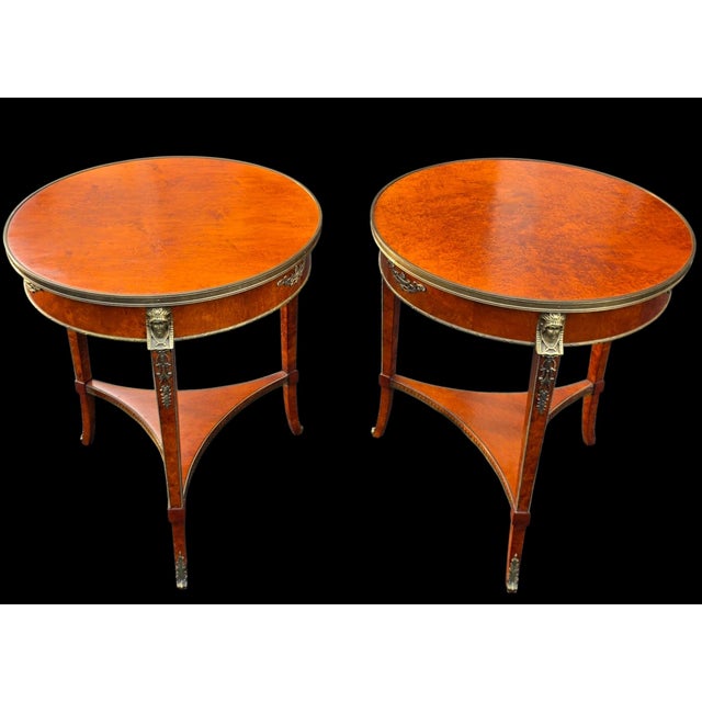Wood Pair of Mid 20th Century John Widdicomb Neoclassical Figured Burlwood Side Tables With Brass Galleries and Bronze Ram's Head Mounts For Sale - Image 7 of 13