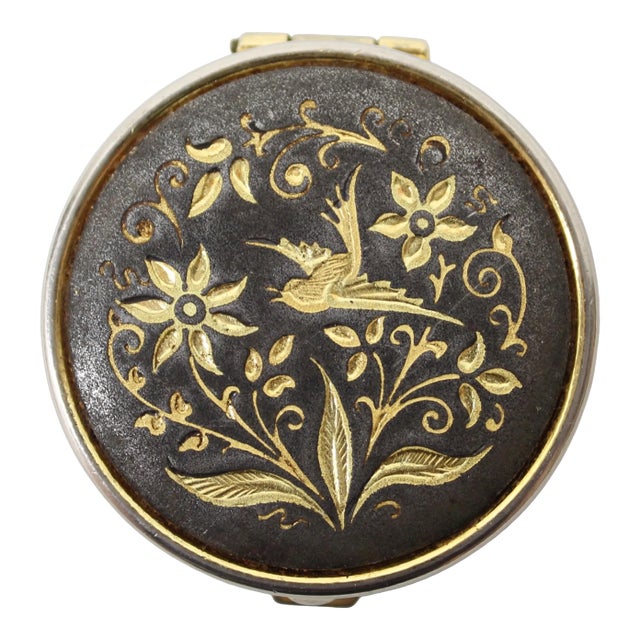 Vintage Spanish Damascene Pill Box – Hand-Inlaid Gold Bird & Floral Design For Sale