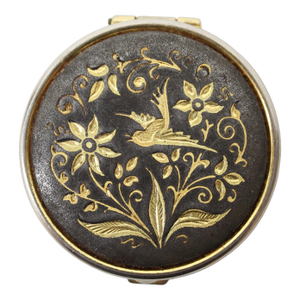 Vintage Spanish Damascene Pill Box – Hand-Inlaid Gold Bird & Floral Design