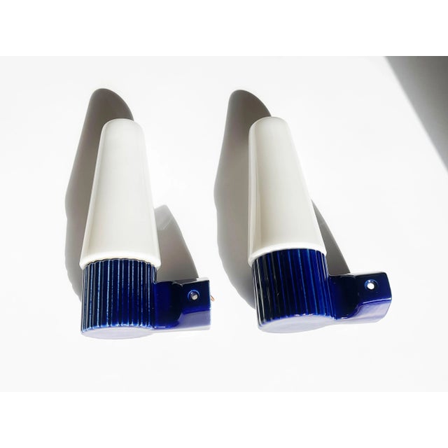 Blue Ceramic and Opaline Glass Sconces by Sigvard Bernadotte for Ifö, 1960s, Set of 2 For Sale - Image 6 of 14