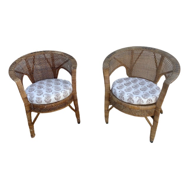 Pair of Barrel Back Woven Rattan Chairs For Sale