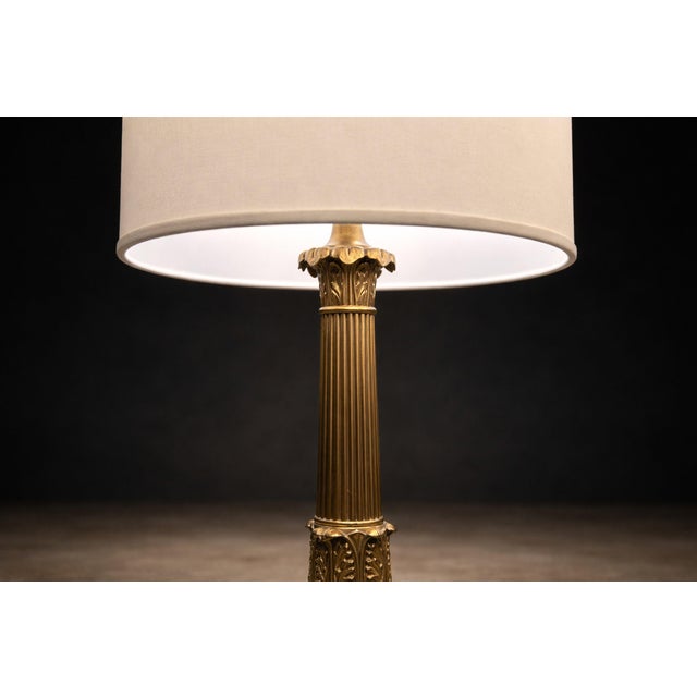 Gold Pair of Neoclassical Revival Bronze Table Lamps With Sculptural Classical Bases and New Linen Shades, 1920-1930s For Sale - Image 8 of 12