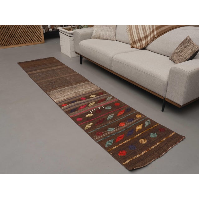 1970s Vintage Handmade Wool Cotton Brown Runner Rug For Sale - Image 11 of 11
