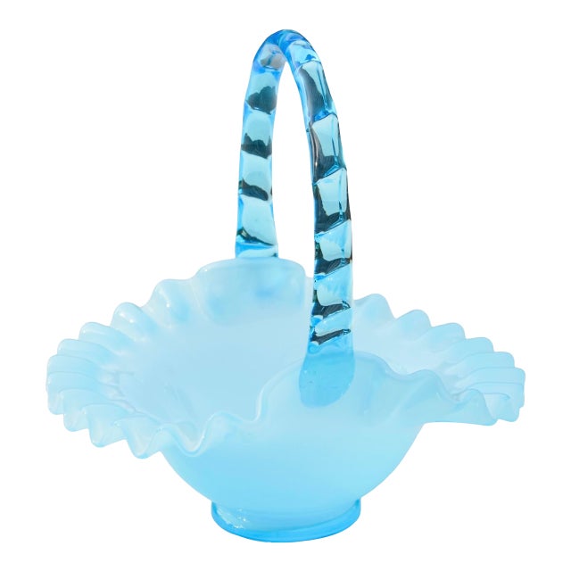 Mid 20th Century Handblown Blue Art-Glass Ruffled Basket Accent For Sale
