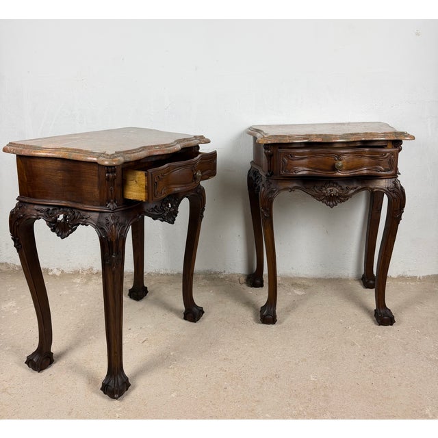 Wood French Louis XV Style Nightstands with Marble Tops, 1940s, Set of 2 For Sale - Image 7 of 16