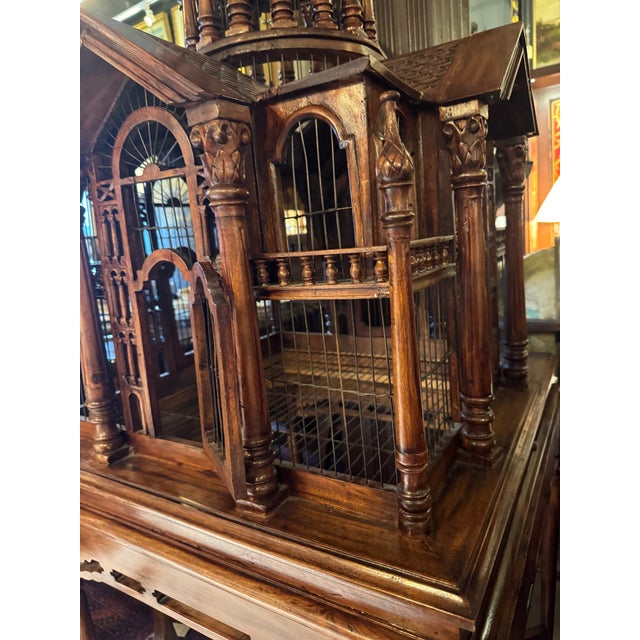 Antique Handcrafted Walnut Cathedral Bird Cage With Architectural Spire For Sale In Seattle - Image 6 of 12