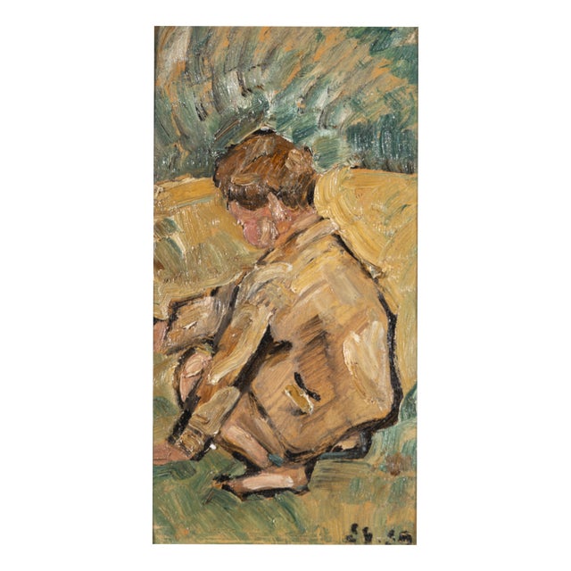 Ernest Samuel Geiger, Young Boy Playing Marbles, Oil on Board For Sale