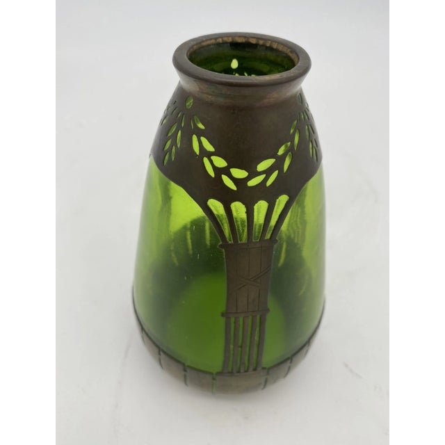 Art Nouveau Circa 1900s French Art Nouveau Copper & Green Glass Vase For Sale - Image 3 of 6