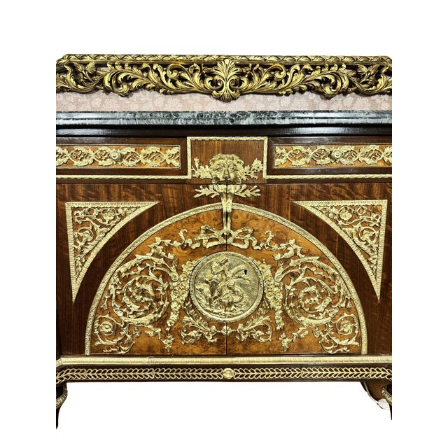 French Mid 20th Century Louis XVI Style Gilt-Mounted Marquetry Commode With Green Marble Top For Sale - Image 3 of 5