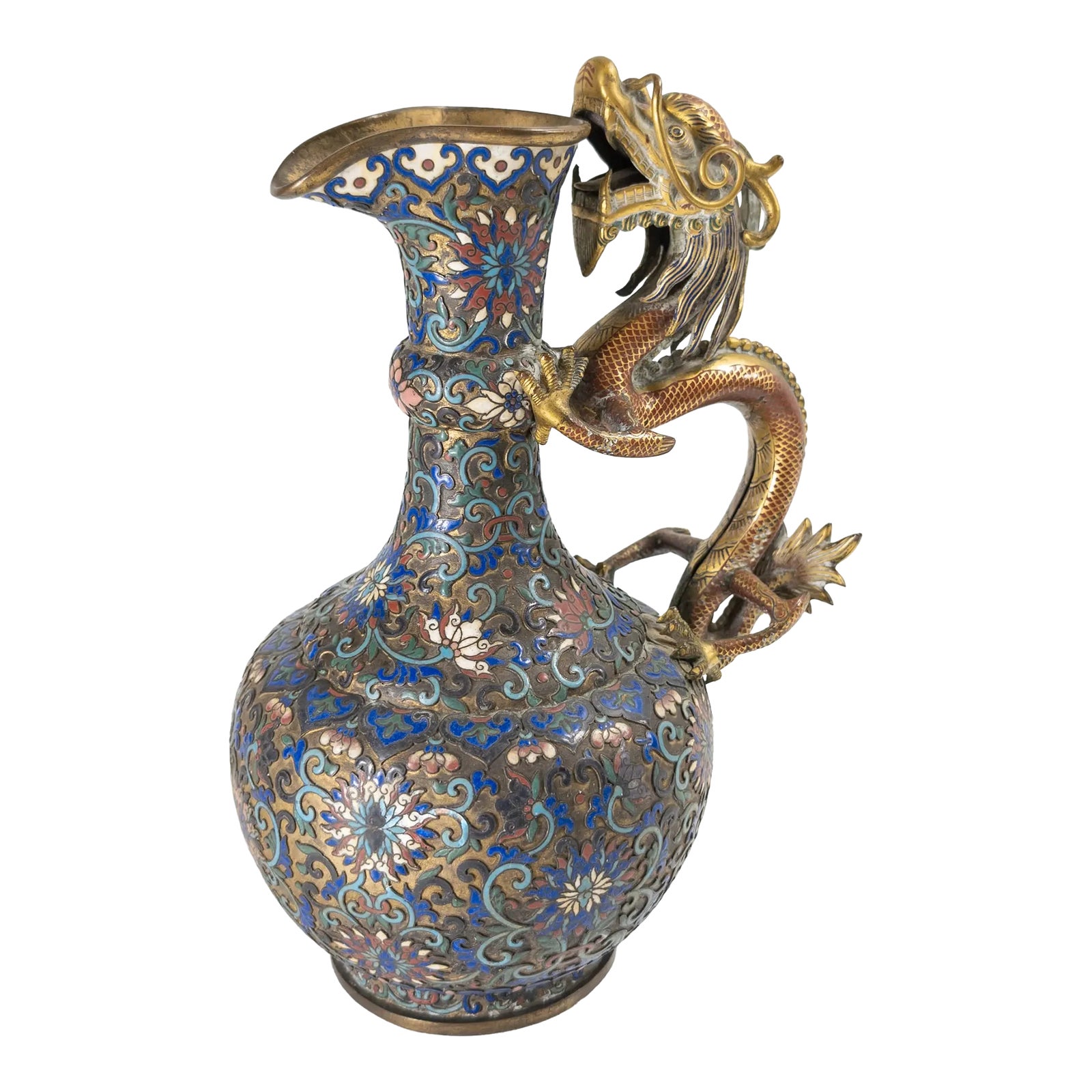 19th Century Chinese Champleve and Cloisonne Enamel Dragon Ewer Pitcher ...
