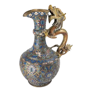 19th Century Chinese Champleve and Cloisonne Enamel Dragon Ewer Pitcher