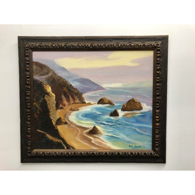 Textile 1970s Large Vintage Rocky Coastal Seascape Original Oil Painting, Framed For Sale - Image 7 of 7