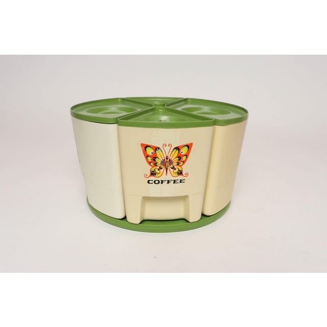 Vintage Sterilite Four Piece Canister Set With Lazy Susan Base in Cream and Green Plastic With Butterfly Motif For Sale - Image 4 of 17