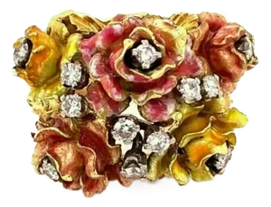 Enamel & Diamonds 18k Yellow Gold Floral Heavy Ring, Size 6
