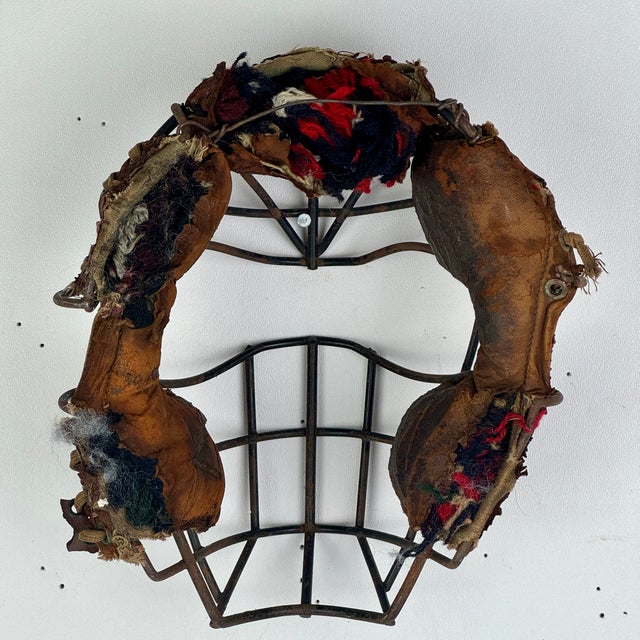 Salvaged Early 20th Century Baseball Catcher's Mask With Metal Cage Guard & Leather Details For Sale - Image 9 of 9