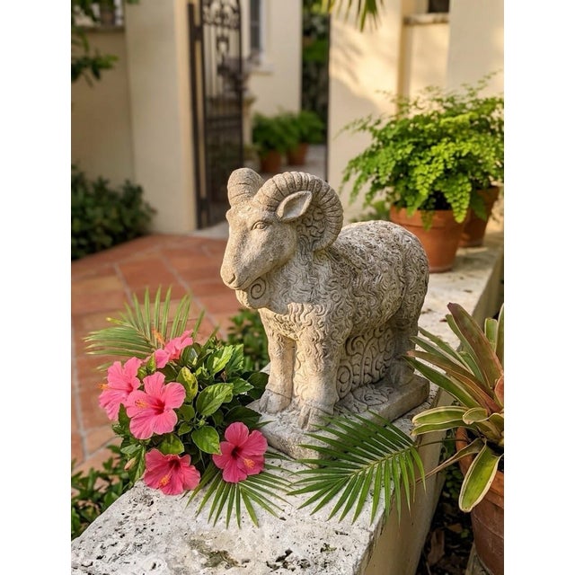 Vintage Stylized Cast Stone Ram Garden Statue With Swirl Relief Detail For Sale - Image 12 of 12