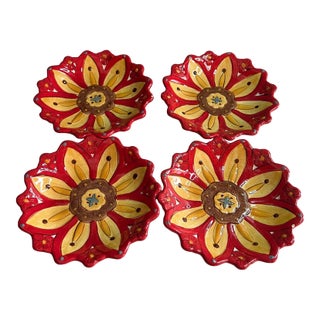Vintage Pier 1 Carynthum Red Flower Petal Shaped Salad Dessert Plates - Set of 4 For Sale