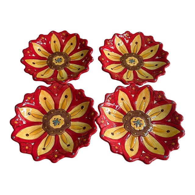 Vintage Pier 1 Carynthum Red Flower Petal Shaped Salad Dessert Plates - Set of 4 For Sale