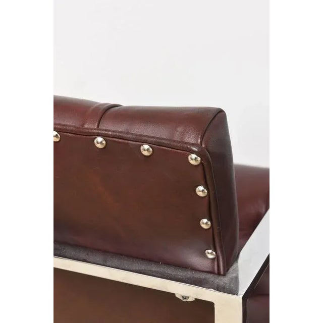 Metal Vintage Milo Baughman Style Leather Tufted Cube Scoop Chrome Side Chairs Pair of Restored For Sale - Image 7 of 9