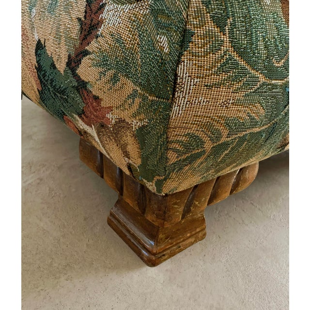 1980s Vintage Botanical Tapestry Ottoman on Carved Hardwood Feet For Sale - Image 5 of 8