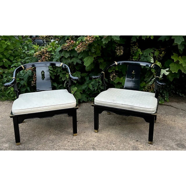Pair of original chairs, in the manner of James Mont. Horseshoe Chinoiserie Accent Chairs attributed to Century Furniture,...