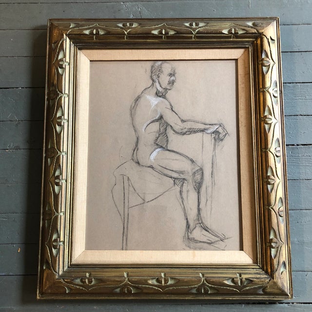 1950s Original Vintage Academy Style Male Nude Charcoal Study Drawing Frame For Sale - Image 5 of 5