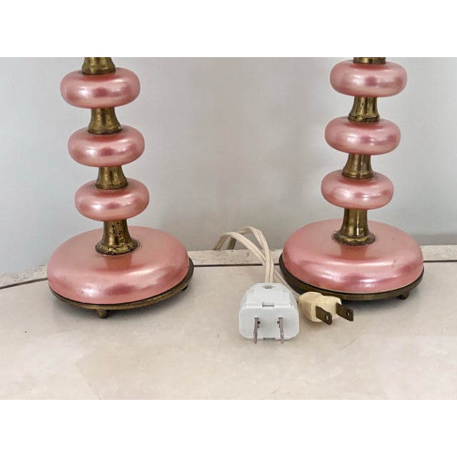 1940s 1940s Pair of Pink and Brass Boudoir Accent Lamps - a Pair For Sale - Image 5 of 6