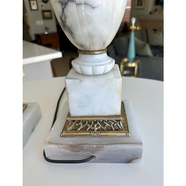Pair of Italian Neoclassic Alabaster Table Lamps, Hand-Carved, 1950s For Sale - Image 13 of 18