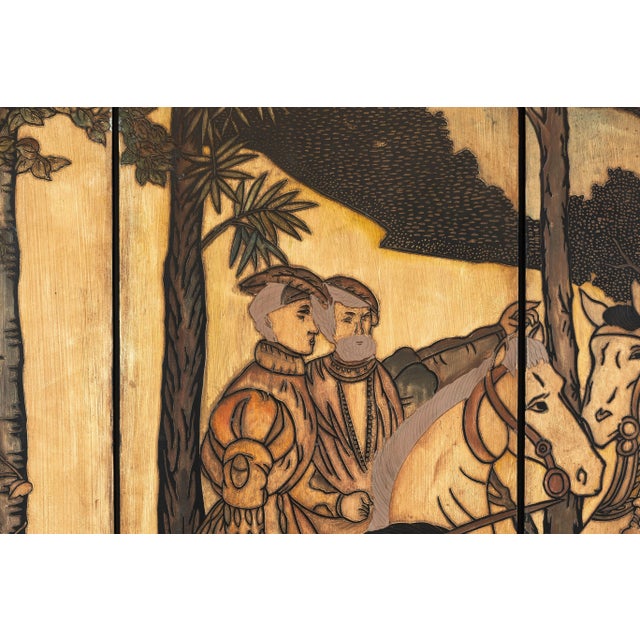 This six-panel folding screen features a richly detailed Renaissance-style scene inspired by courtly European painting...